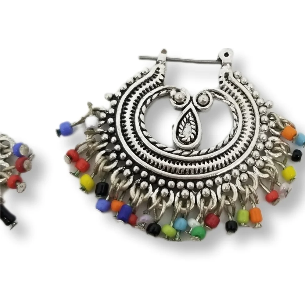NANCY & RISE VINTAGE COLORFUL BEADED FRINGE & SILVERTONE BOHO STYLE EARRINGS